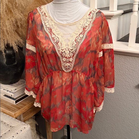 Free People Day Dreamer Red Orange Batwing Sleeve Lace Blouse Size Large - Picture 2 of 8